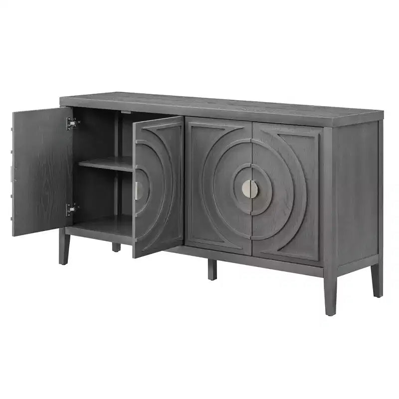 Sideboardtür im Retro-Stil mit kreisförmigem Rillendesign und rundem Metallgriff für Eingangs- oder Essbereich, grau