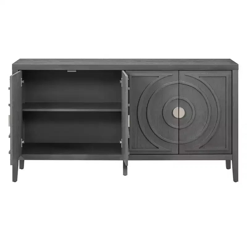 Sideboardtür im Retro-Stil mit kreisförmigem Rillendesign und rundem Metallgriff für Eingangs- oder Essbereich, grau