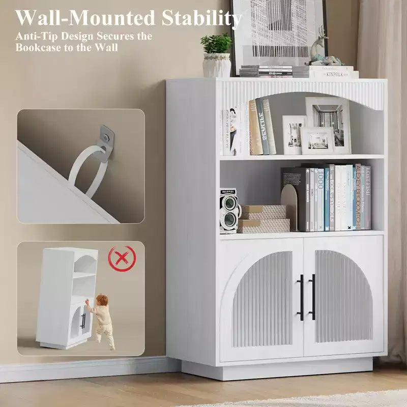 Librería con puertas, librería negra con puerta de vidrio, librería pequeña de 3 niveles