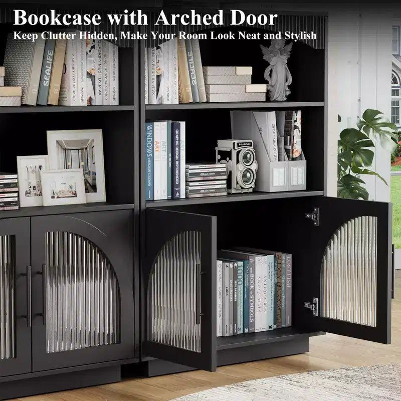 Librería con puertas, librería negra con puerta de vidrio, librería pequeña de 3 niveles