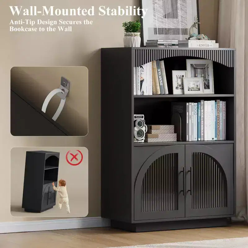 Librería con puertas, librería negra con puerta de vidrio, librería pequeña de 3 niveles