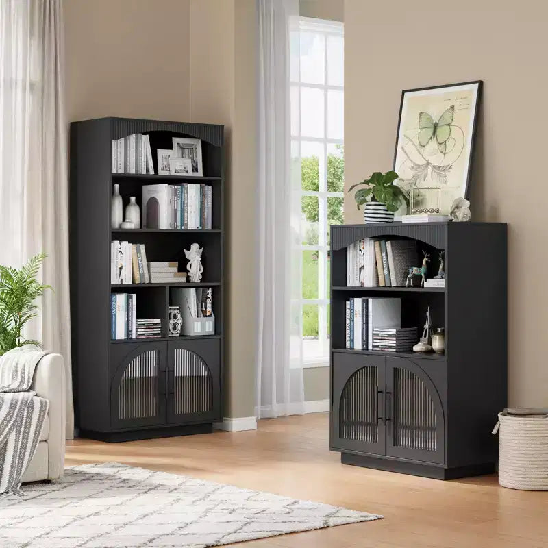 Bibliothèque avec portes, noire, avec portes en verre, à 3 niveaux, petit format