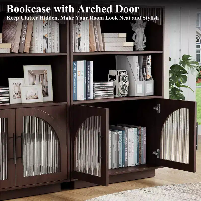 Librería con puertas, librería negra con puerta de vidrio, librería pequeña de 3 niveles