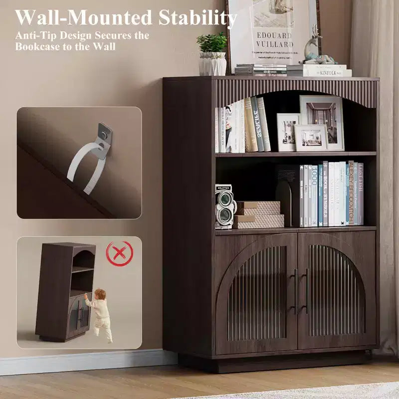 Librería con puertas, librería negra con puerta de vidrio, librería pequeña de 3 niveles