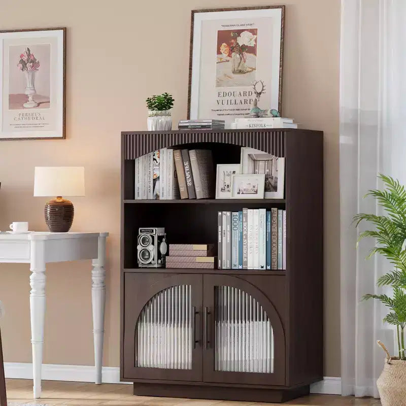 Bibliothèque avec portes, noire, avec portes en verre, à 3 niveaux, petit format