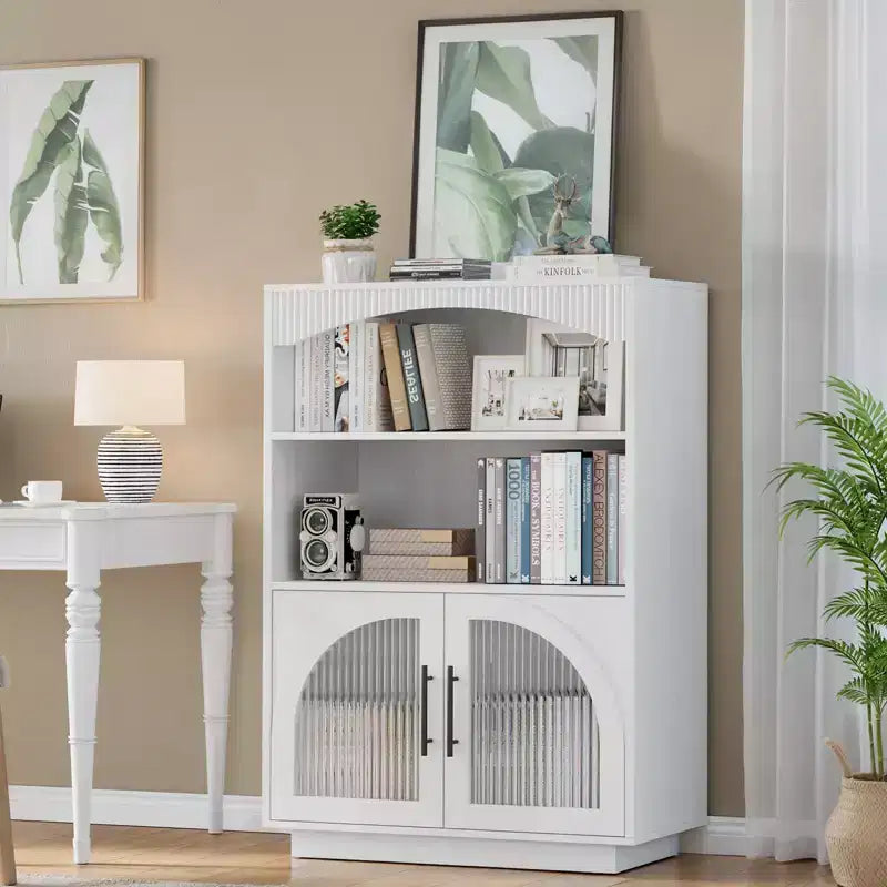 Bibliothèque avec portes, noire, avec portes en verre, à 3 niveaux, petit format