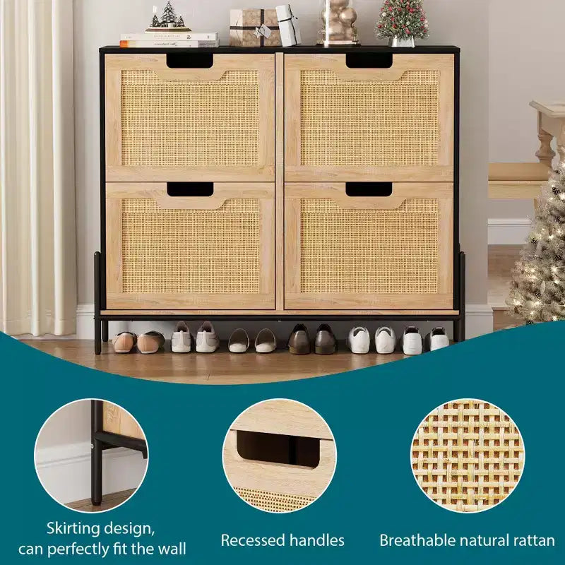Schuhschrank für den Eingangsbereich, Rattan-Schuhschrank mit 4 Klappfächern, freistehender Schuhorganizer