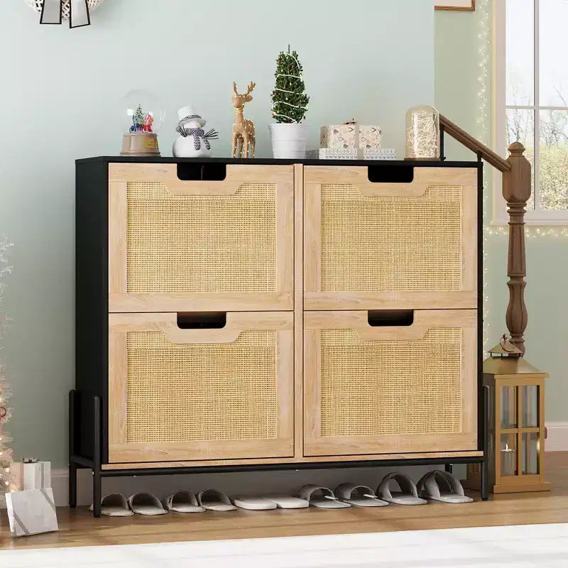 Schuhschrank für den Eingangsbereich, Rattan-Schuhschrank mit 4 Klappfächern, freistehender Schuhorganizer