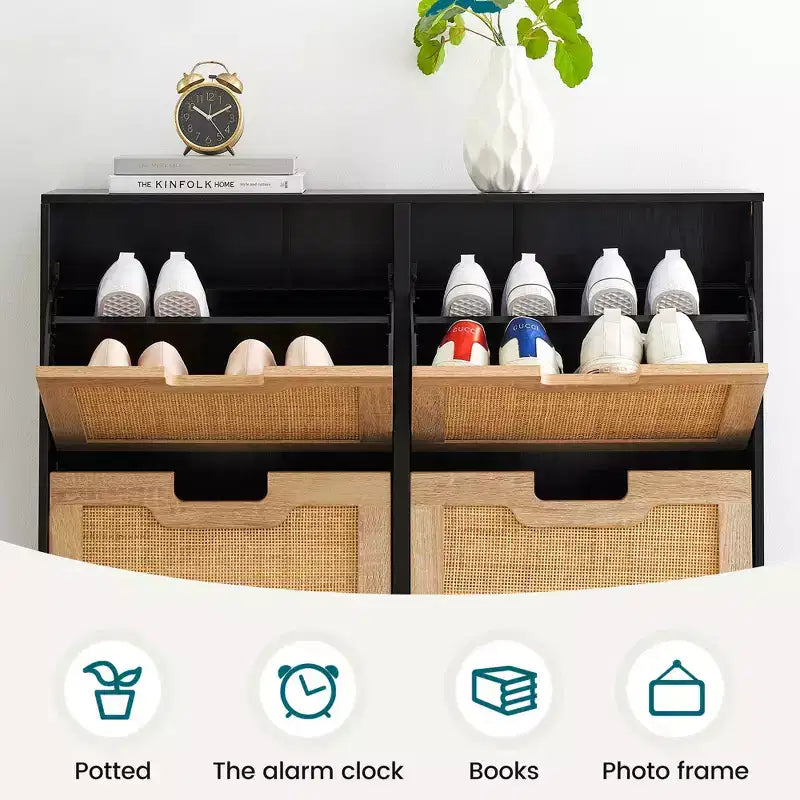 Schuhschrank für den Eingangsbereich, Rattan-Schuhschrank mit 4 Klappfächern, freistehender Schuhorganizer