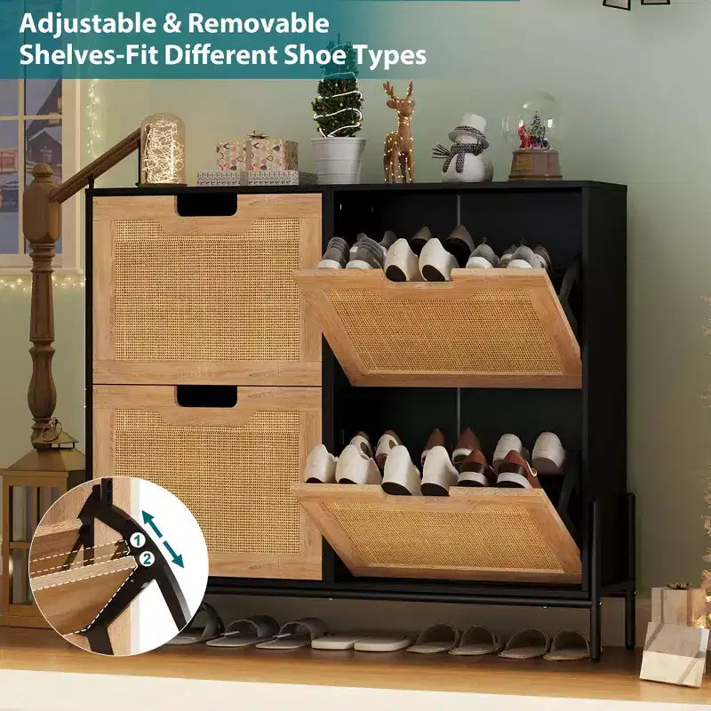 Schuhschrank für den Eingangsbereich, Rattan-Schuhschrank mit 4 Klappfächern, freistehender Schuhorganizer