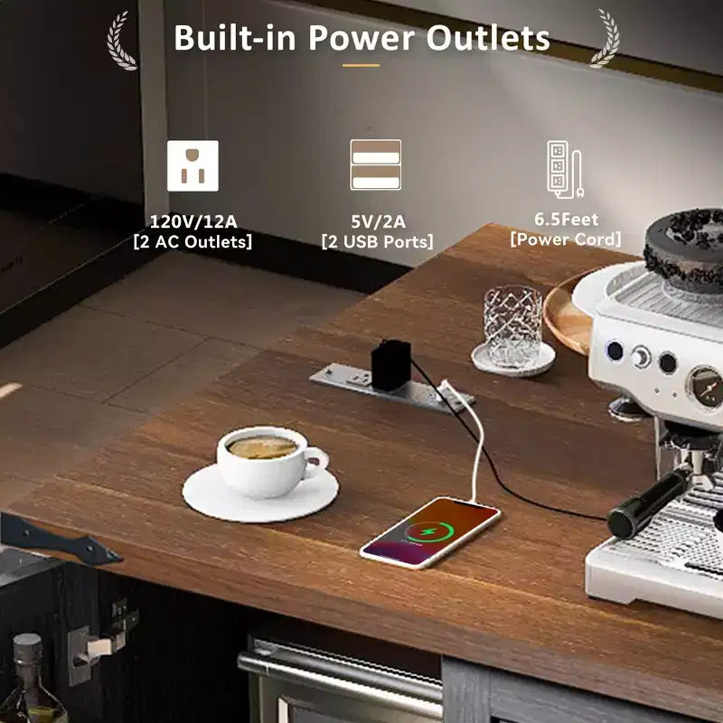 Isla de cocina rodante estilo rústico con toma de corriente, carrito de almacenamiento para cocina con estante interior, ala abatible y especiero