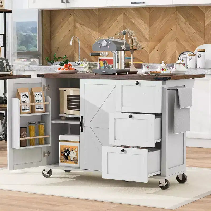 Isla de cocina rodante estilo rústico con toma de corriente, carrito de almacenamiento para cocina con estante interior, ala abatible y especiero
