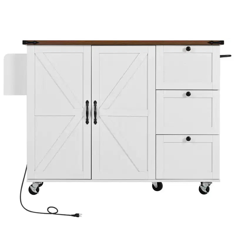 Isla de cocina rodante estilo rústico con toma de corriente, carrito de almacenamiento para cocina con estante interior, ala abatible y especiero
