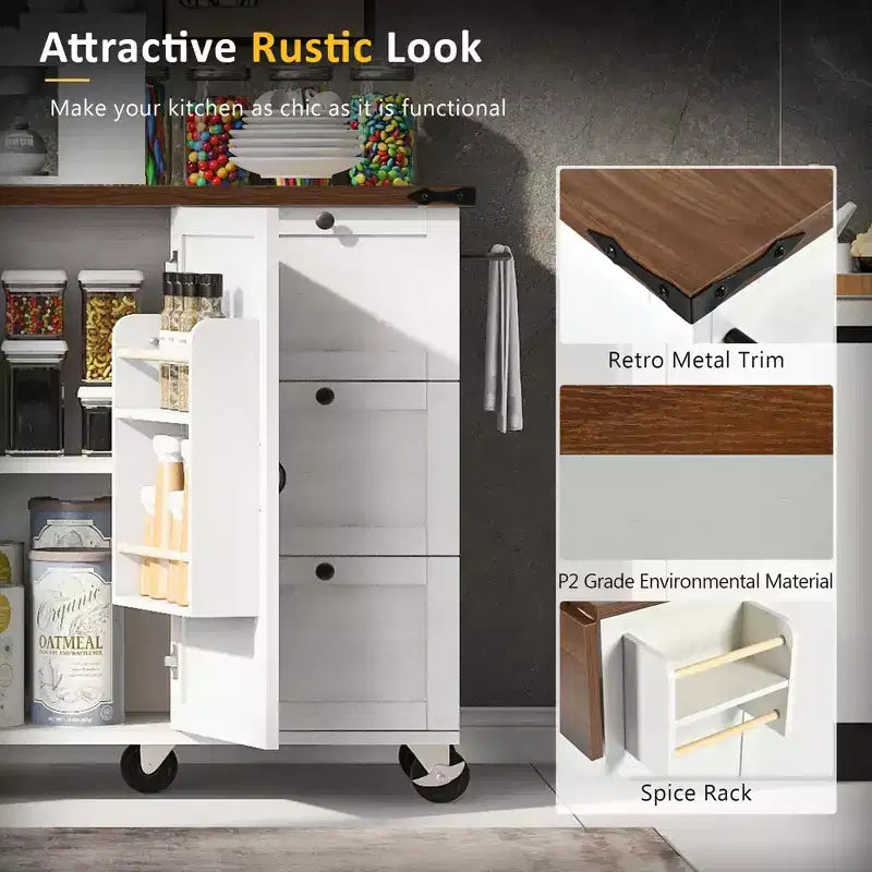 Isla de cocina rodante estilo rústico con toma de corriente, carrito de almacenamiento para cocina con estante interior, ala abatible y especiero