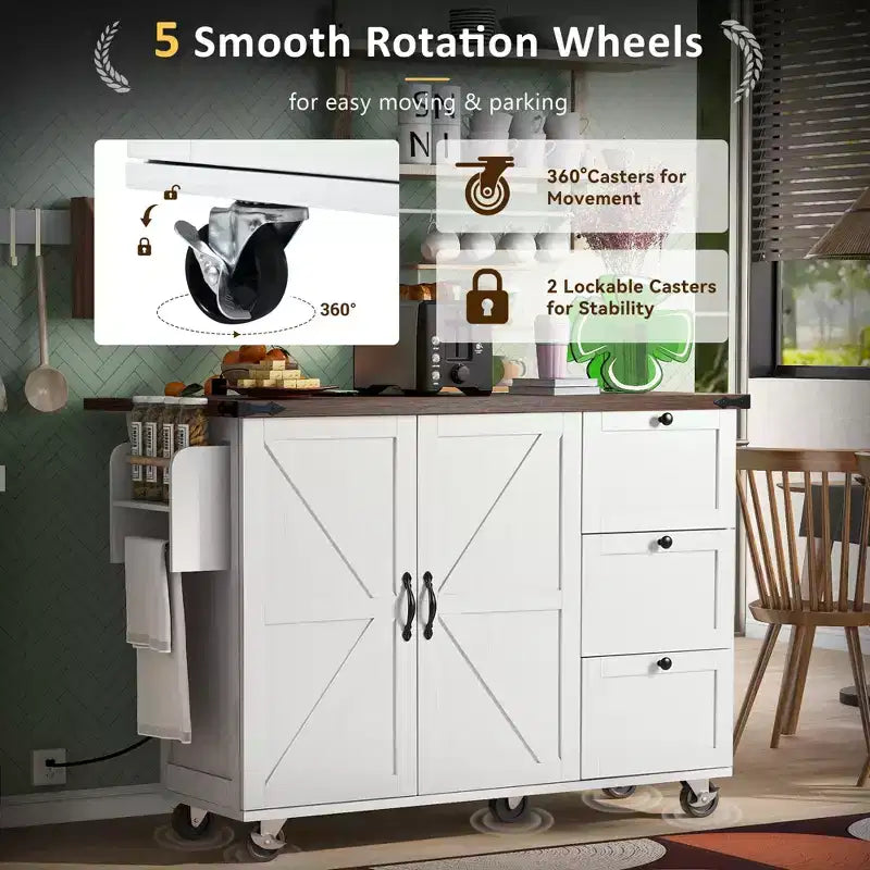 Isla de cocina rodante estilo rústico con toma de corriente, carrito de almacenamiento para cocina con estante interior, ala abatible y especiero