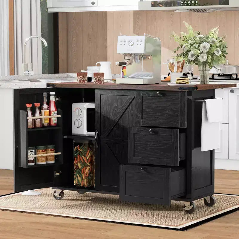 Îlot de cuisine roulant de style champêtre avec prise électrique, chariot de rangement avec étagère intérieure, rallonge rabattable et porte-épices