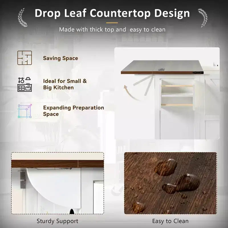 Isla de cocina rodante estilo rústico con toma de corriente, carrito de almacenamiento para cocina con estante interior, ala abatible y especiero