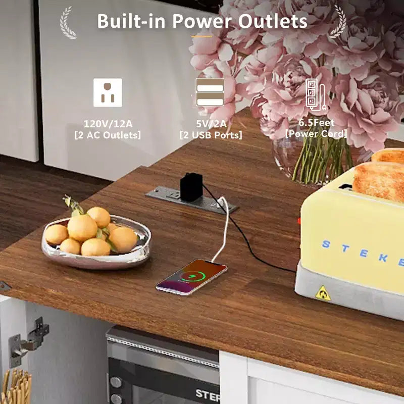 Isla de cocina rodante estilo rústico con toma de corriente, carrito de almacenamiento para cocina con estante interior, ala abatible y especiero