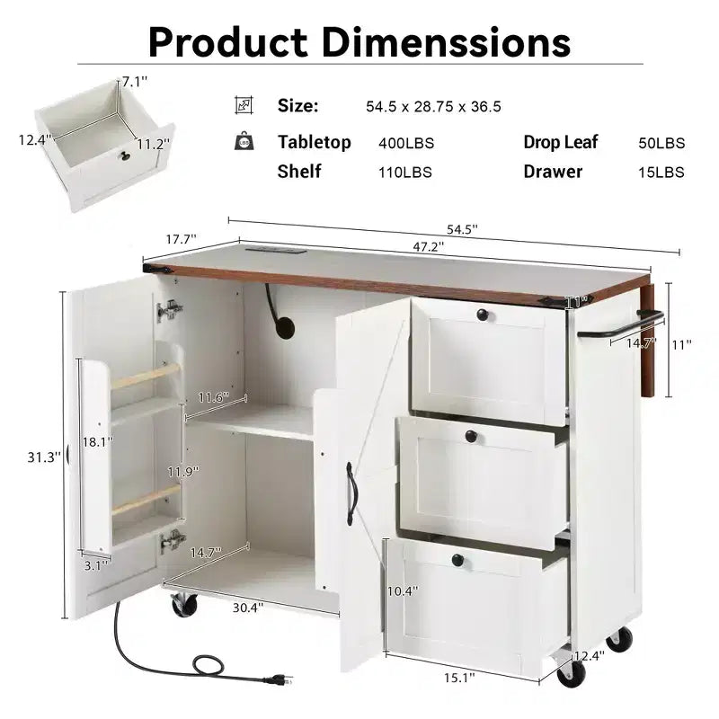 Isla de cocina rodante estilo rústico con toma de corriente, carrito de almacenamiento para cocina con estante interior, ala abatible y especiero