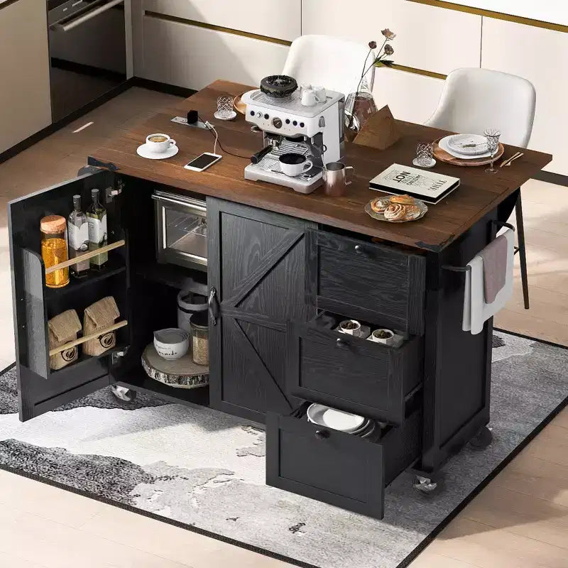 Isla de cocina rodante estilo rústico con toma de corriente, carrito de almacenamiento para cocina con estante interior, ala abatible y especiero