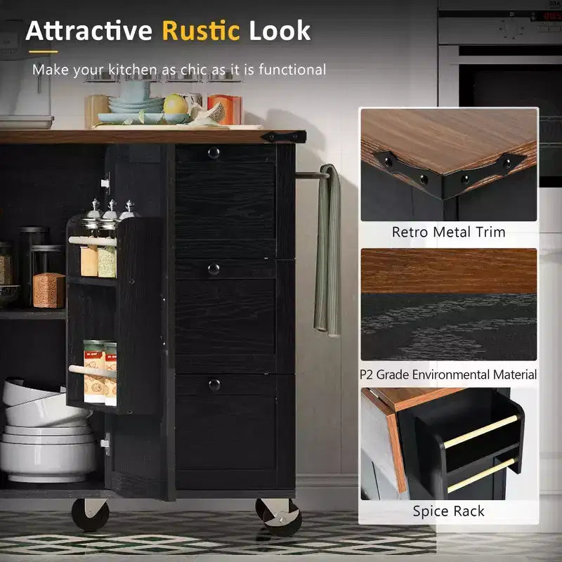 Isla de cocina rodante estilo rústico con toma de corriente, carrito de almacenamiento para cocina con estante interior, ala abatible y especiero