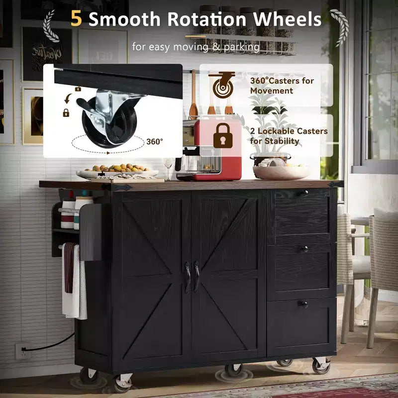 Isla de cocina rodante estilo rústico con toma de corriente, carrito de almacenamiento para cocina con estante interior, ala abatible y especiero