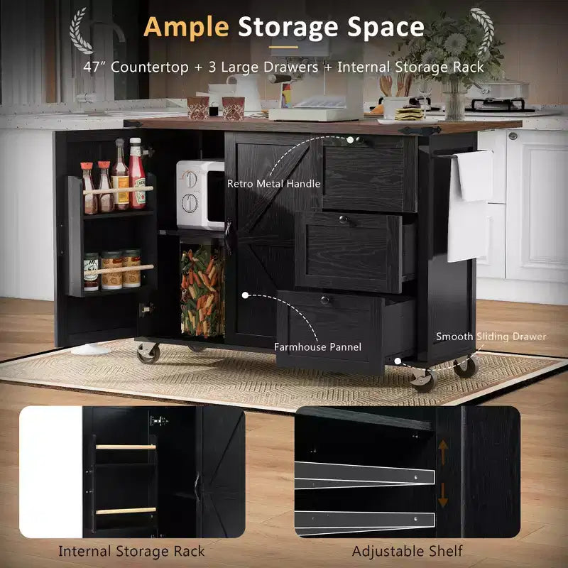 Isla de cocina rodante estilo rústico con toma de corriente, carrito de almacenamiento para cocina con estante interior, ala abatible y especiero