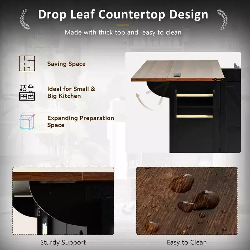 Isla de cocina rodante estilo rústico con toma de corriente, carrito de almacenamiento para cocina con estante interior, ala abatible y especiero