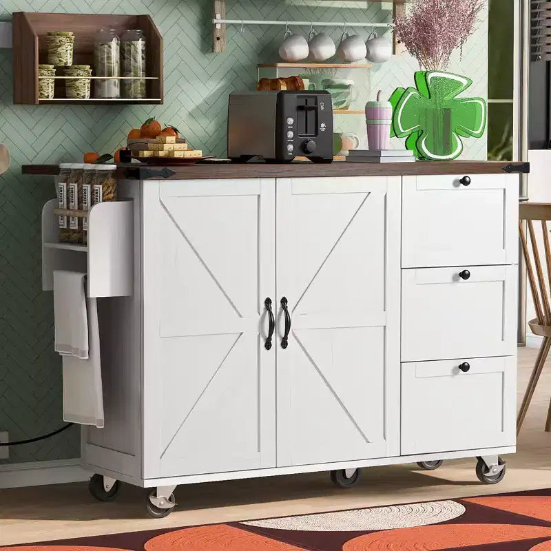 Îlot de cuisine roulant de style champêtre avec prise électrique, chariot de rangement avec étagère intérieure, rallonge rabattable et porte-épices