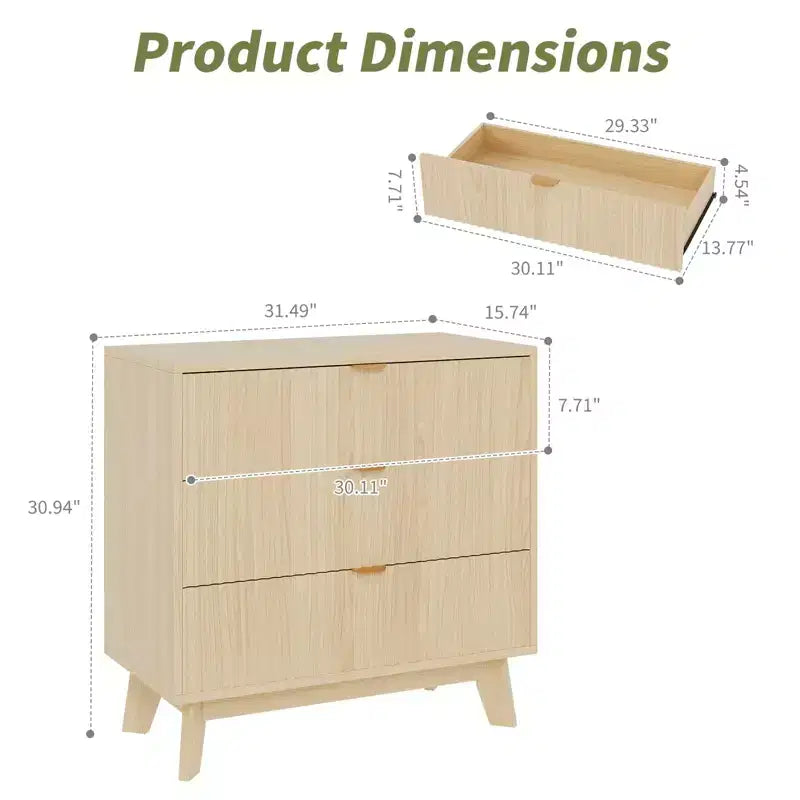 Commode à 3 tiroirs, commode moderne à façades cannelées, commode de rangement en bois avec organiseur de tiroirs