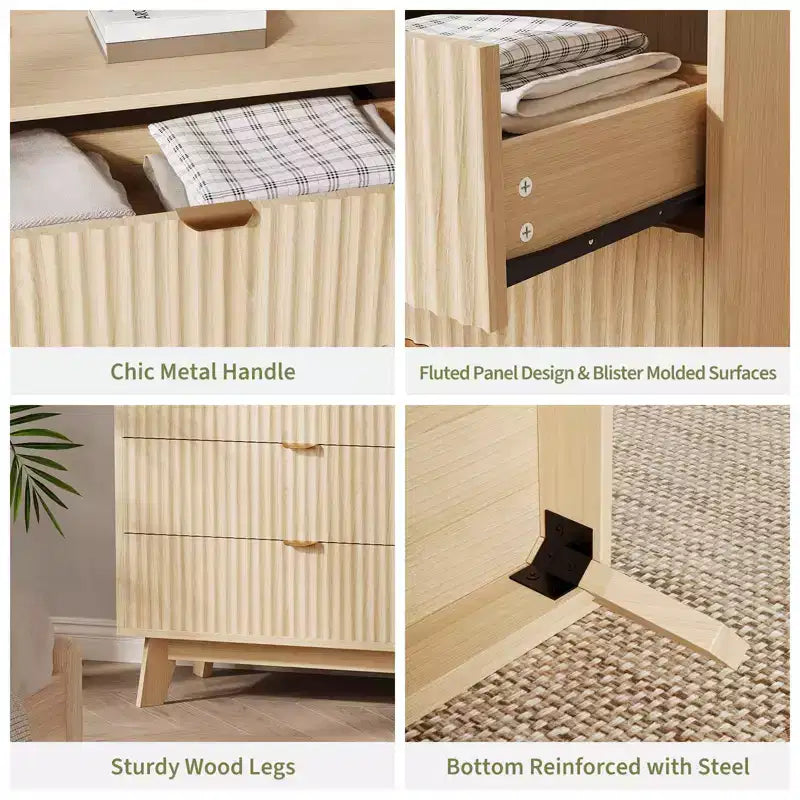 Commode à 3 tiroirs, commode moderne à façades cannelées, commode de rangement en bois avec organiseur de tiroirs