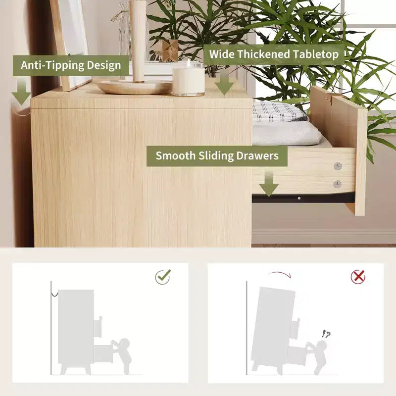 Commode à 3 tiroirs, commode moderne à façades cannelées, commode de rangement en bois avec organiseur de tiroirs