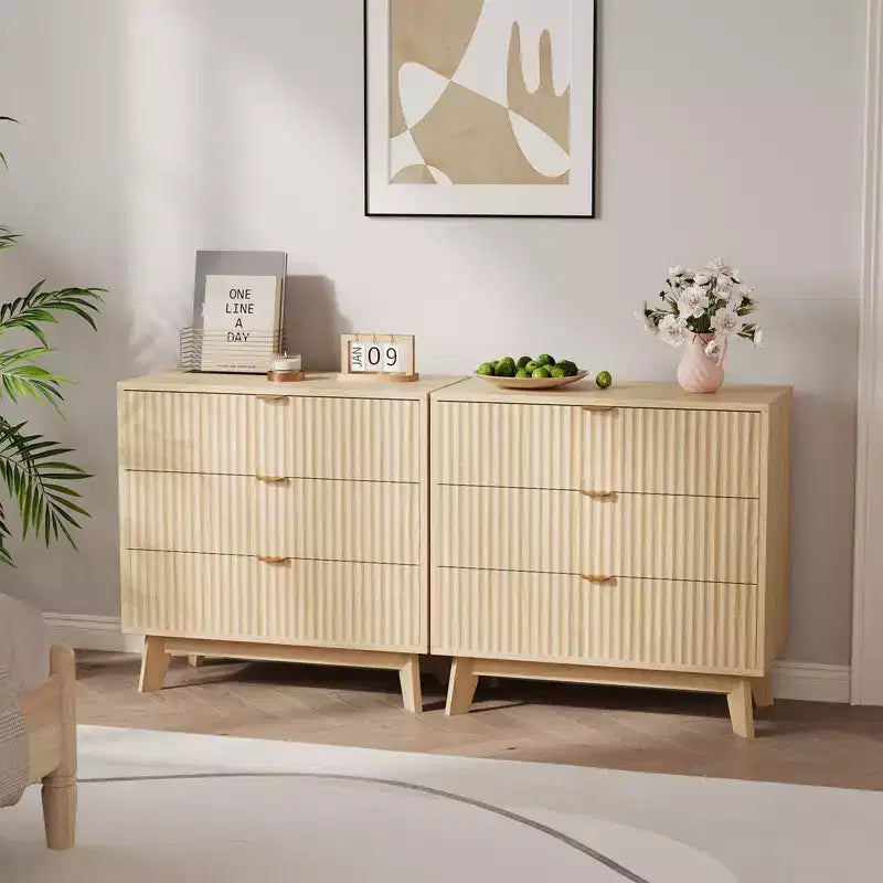 Commode à 3 tiroirs, commode moderne à façades cannelées, commode de rangement en bois avec organiseur de tiroirs