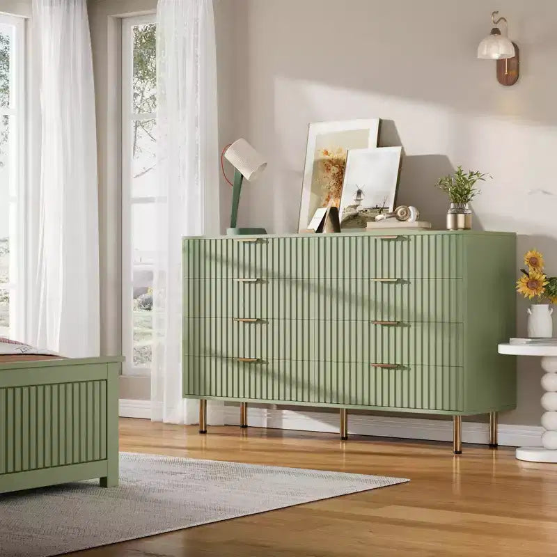 Commode de chambre à 8 tiroirs, moderne, cannelée, de 54 de large, avec tiroirs profonds, rangement en bois pour le salon, le couloir ou la chambre d’enfant