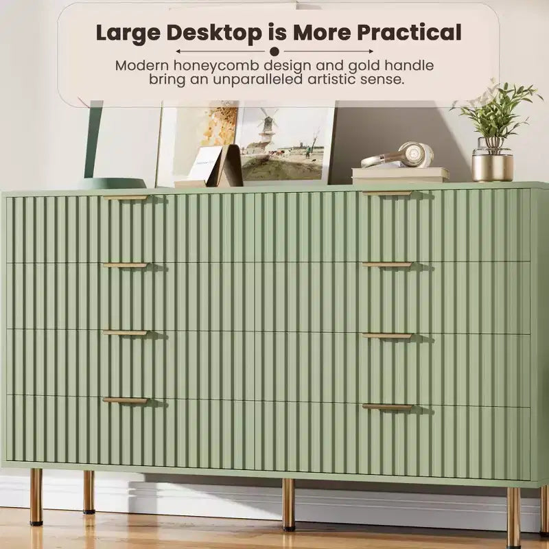 Commode de chambre à 8 tiroirs, moderne, cannelée, de 54 de large, avec tiroirs profonds, rangement en bois pour le salon, le couloir ou la chambre d’enfant