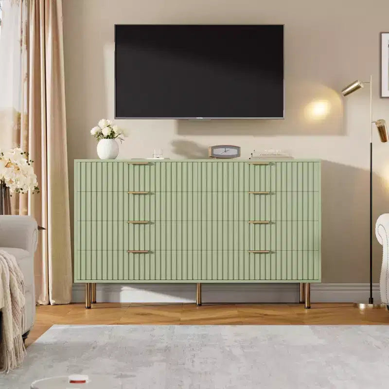 Commode de chambre à 8 tiroirs, moderne, cannelée, de 54 de large, avec tiroirs profonds, rangement en bois pour le salon, le couloir ou la chambre d’enfant