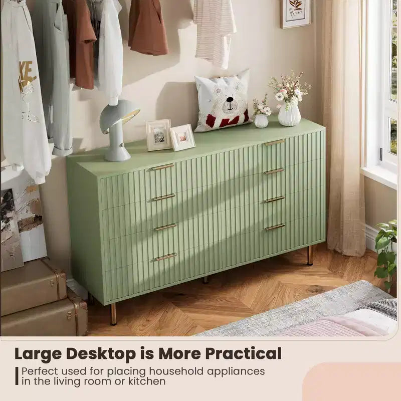 Commode de chambre à 8 tiroirs, moderne, cannelée, de 54 de large, avec tiroirs profonds, rangement en bois pour le salon, le couloir ou la chambre d’enfant