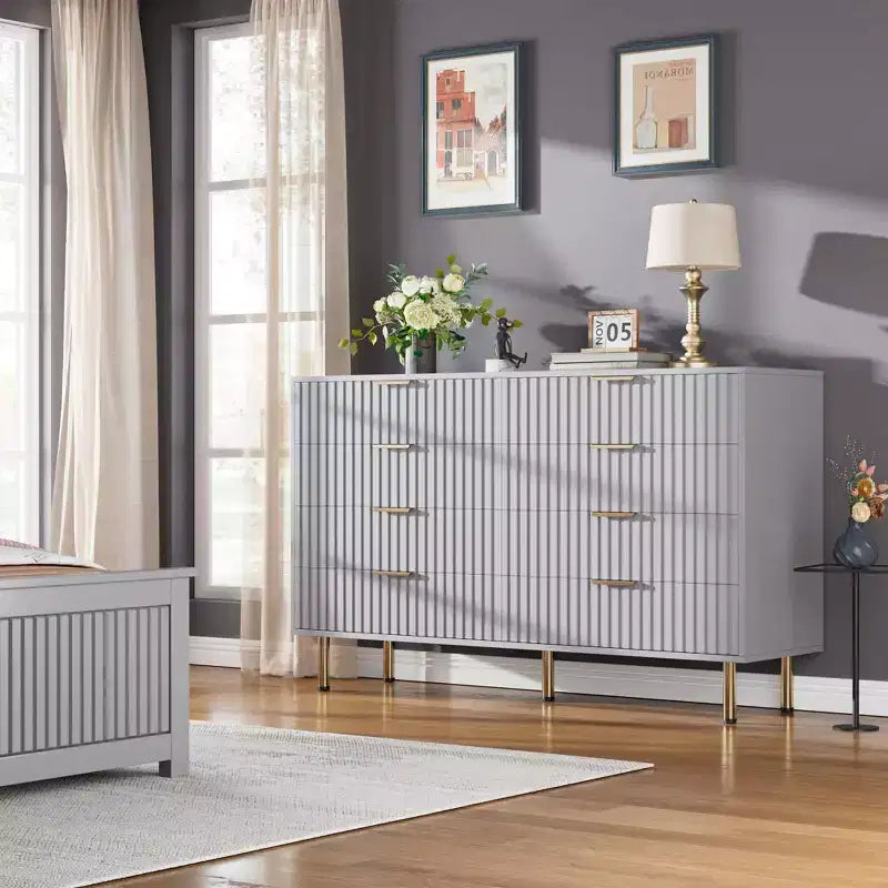 Commode de chambre à 8 tiroirs, moderne, cannelée, de 54 de large, avec tiroirs profonds, rangement en bois pour le salon, le couloir ou la chambre d’enfant