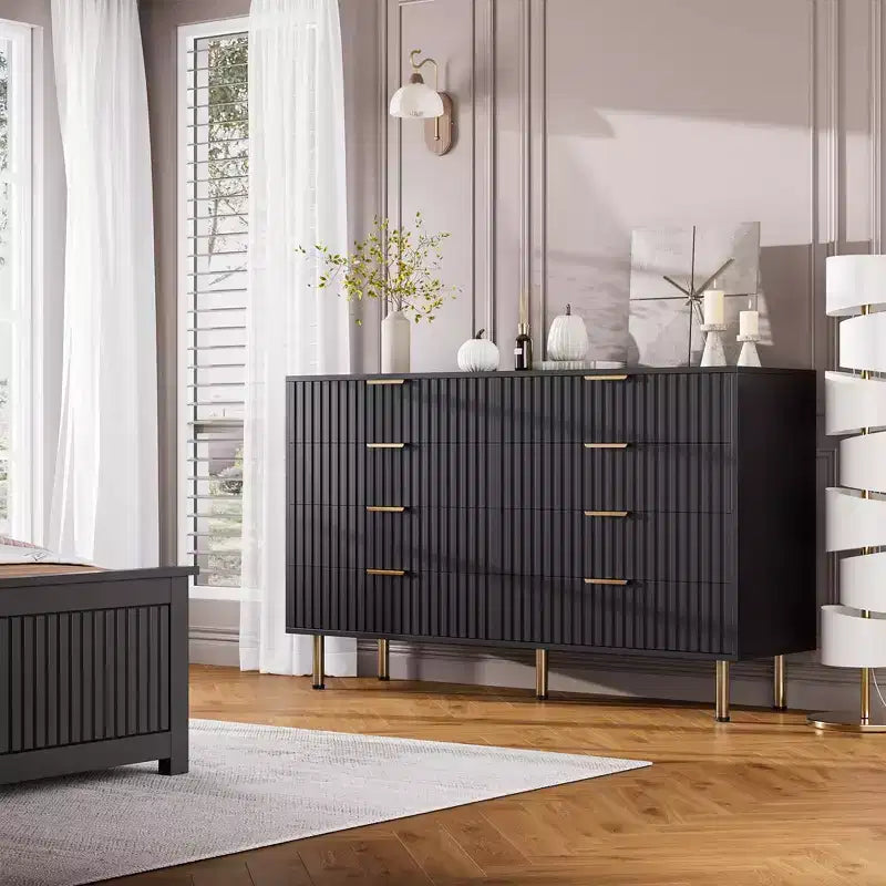 Commode de chambre à 8 tiroirs, moderne, cannelée, de 54 de large, avec tiroirs profonds, rangement en bois pour le salon, le couloir ou la chambre d’enfant