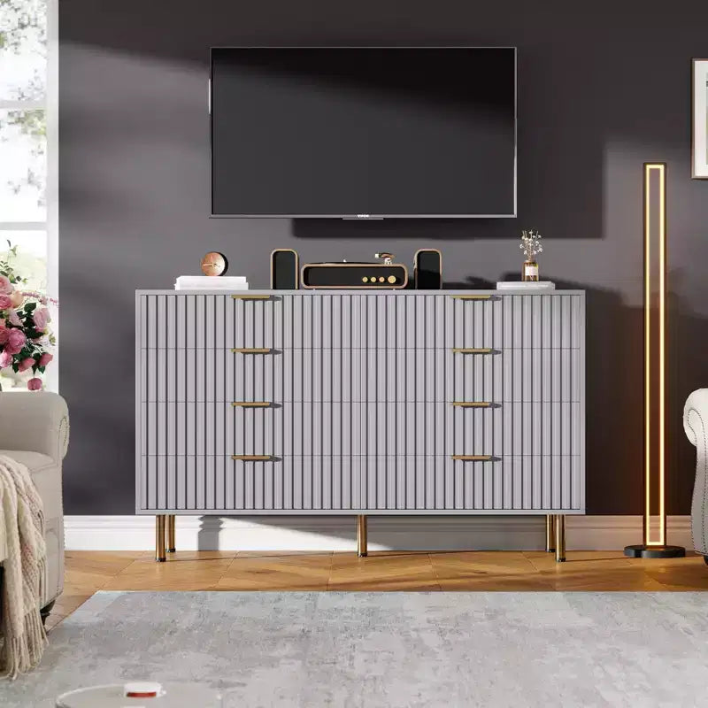 Commode de chambre à 8 tiroirs, moderne, cannelée, de 54 de large, avec tiroirs profonds, rangement en bois pour le salon, le couloir ou la chambre d’enfant
