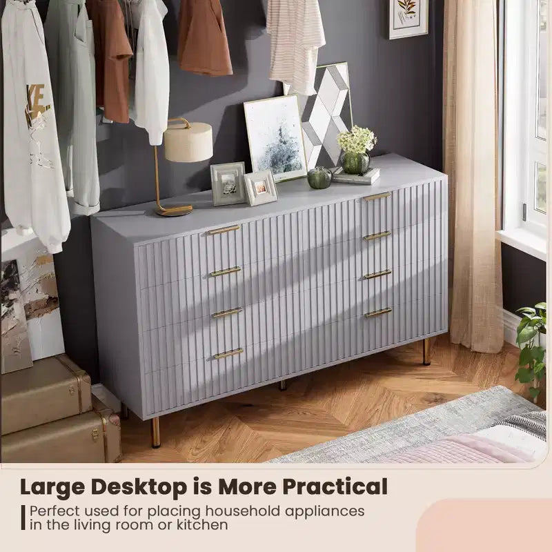 Commode de chambre à 8 tiroirs, moderne, cannelée, de 54 de large, avec tiroirs profonds, rangement en bois pour le salon, le couloir ou la chambre d’enfant