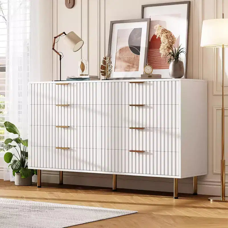 Commode de chambre à 8 tiroirs, moderne, cannelée, de 54 de large, avec tiroirs profonds, rangement en bois pour le salon, le couloir ou la chambre d’enfant