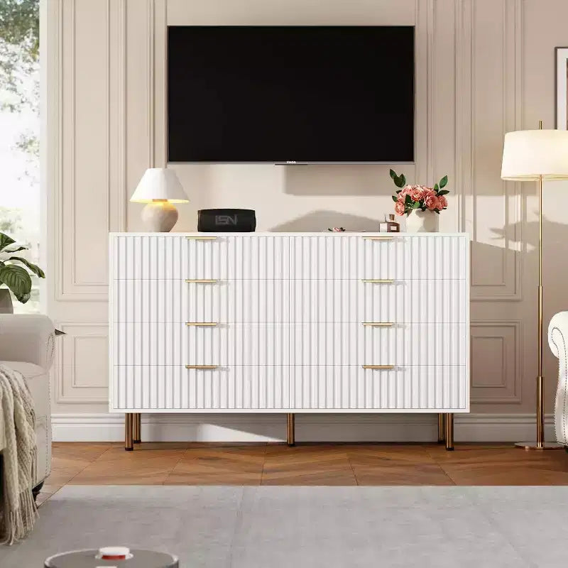 Commode de chambre à 8 tiroirs, moderne, cannelée, de 54 de large, avec tiroirs profonds, rangement en bois pour le salon, le couloir ou la chambre d’enfant