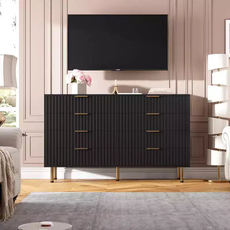 Commode de chambre à 8 tiroirs, moderne, cannelée, de 54 de large, avec tiroirs profonds, rangement en bois pour le salon, le couloir ou la chambre d’enfant