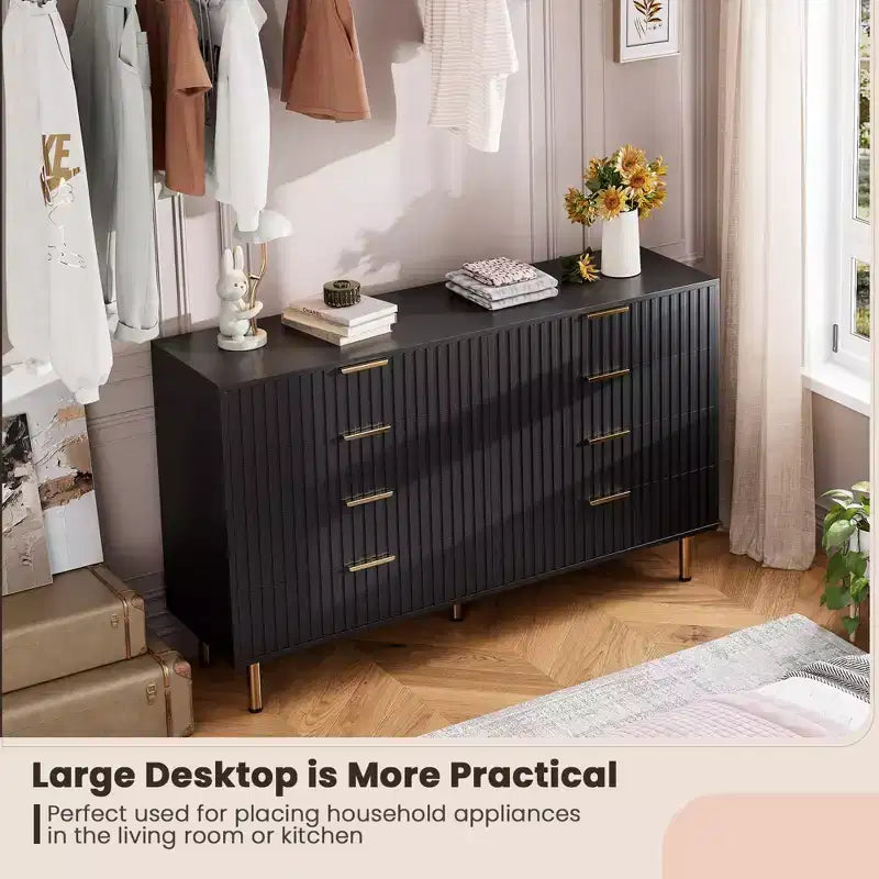 Commode de chambre à 8 tiroirs, moderne, cannelée, de 54 de large, avec tiroirs profonds, rangement en bois pour le salon, le couloir ou la chambre d’enfant