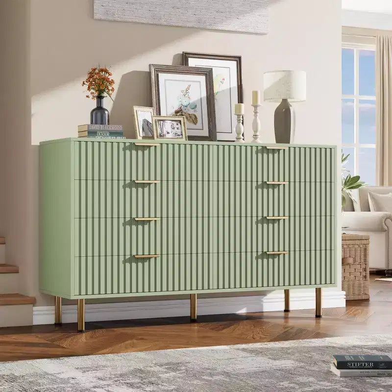 Commode de chambre à 8 tiroirs, moderne, cannelée, de 54 de large, avec tiroirs profonds, rangement en bois pour le salon, le couloir ou la chambre d’enfant