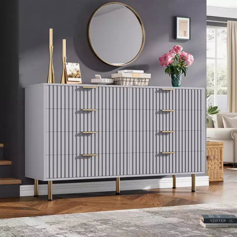 Commode de chambre à 8 tiroirs, moderne, cannelée, de 54 de large, avec tiroirs profonds, rangement en bois pour le salon, le couloir ou la chambre d’enfant