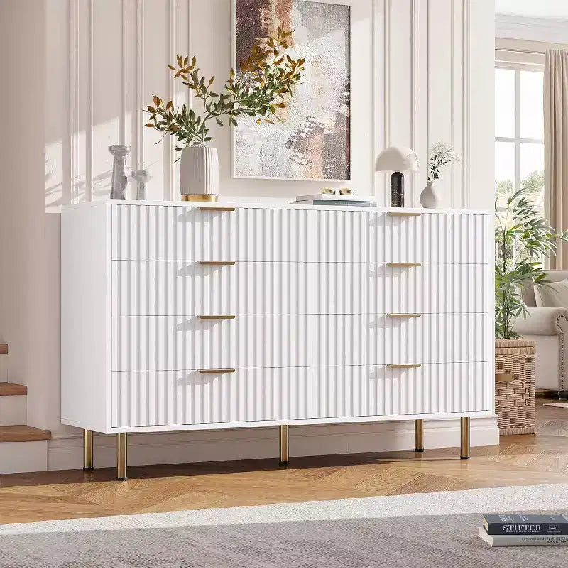 Commode de chambre à 8 tiroirs, moderne, cannelée, de 54 de large, avec tiroirs profonds, rangement en bois pour le salon, le couloir ou la chambre d’enfant
