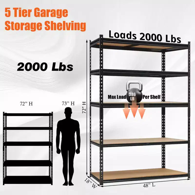 Rayonnages robustes pour garage, étagères de rangement réglables à 5 niveaux, capacité de charge de 2000 LBSS, rayonnages de rangement réglables pour garage, métal