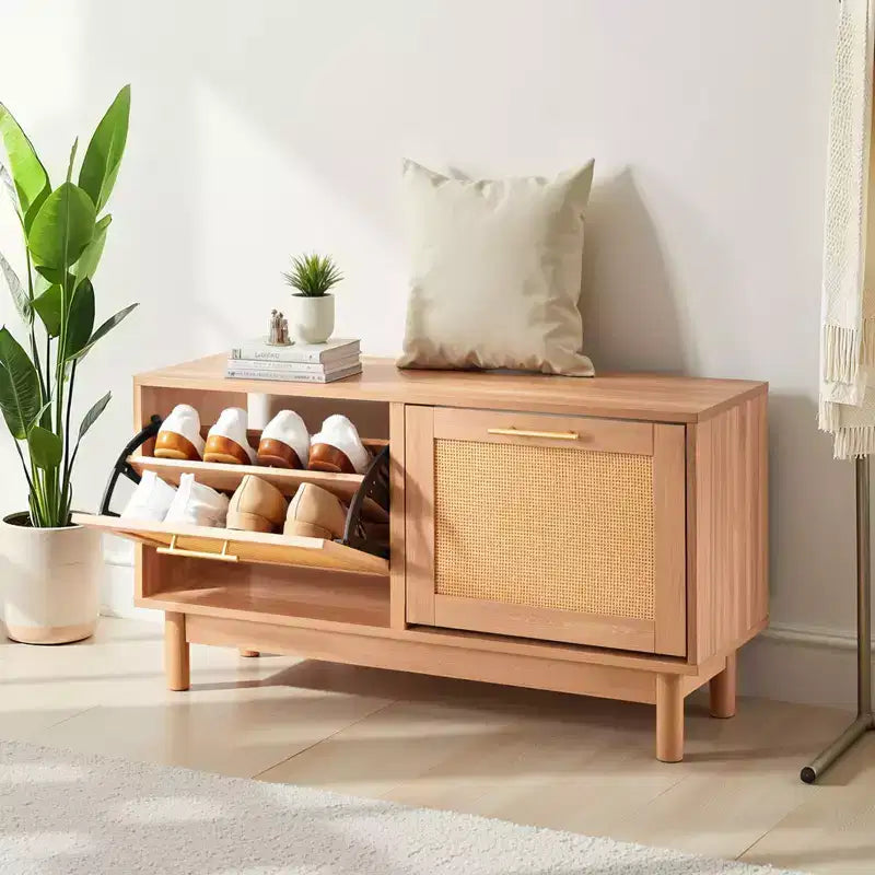 Banc à chaussures pour entrée, banc imitation rotin de 39.4 x 11.8 x 20.9 pouces avec 2 tiroirs basculants, rangement à chaussures de 300 lb avec 4 compartiments, marron